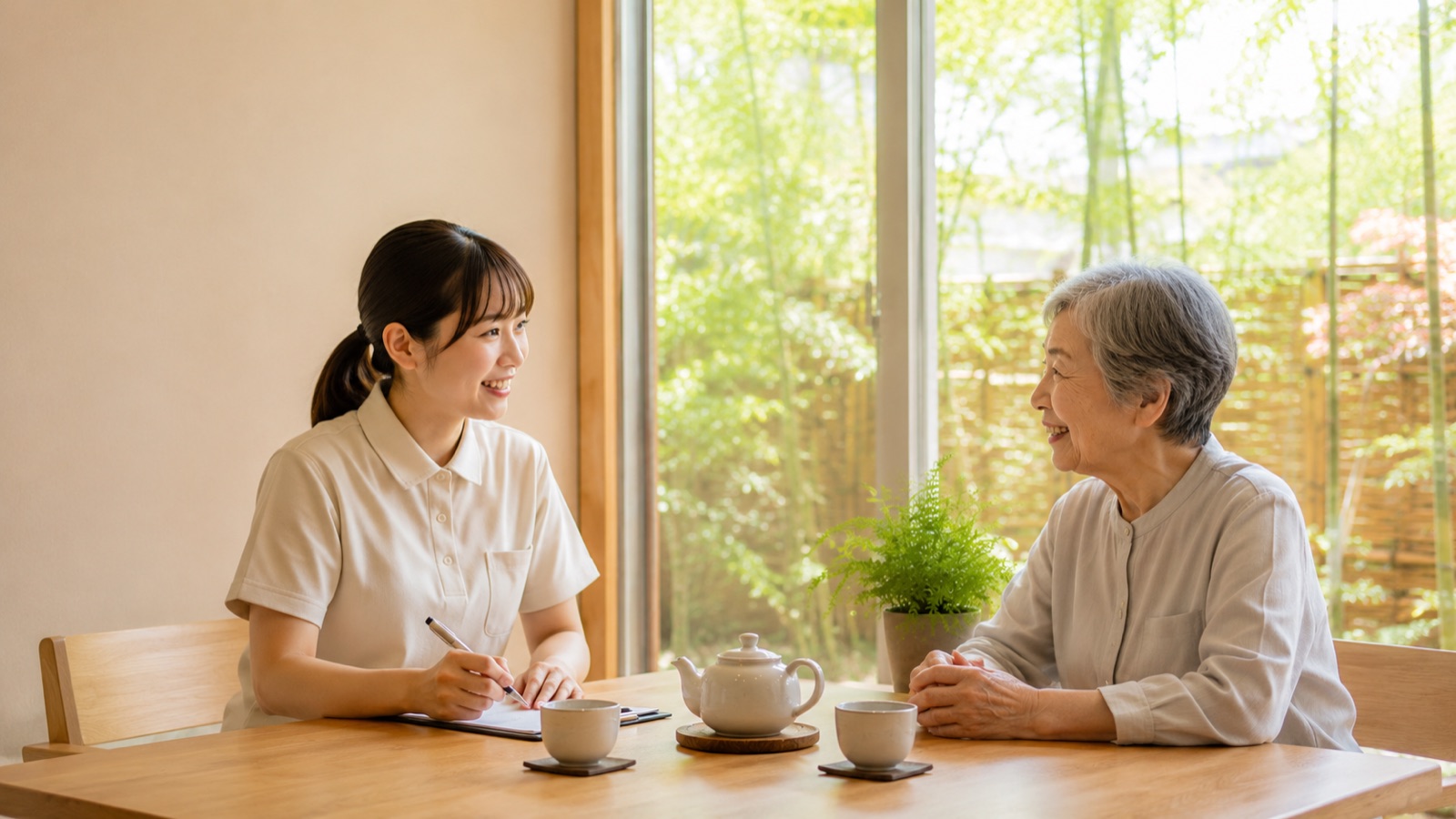 ケアスタッフが笑顔で相談を受ける様子
